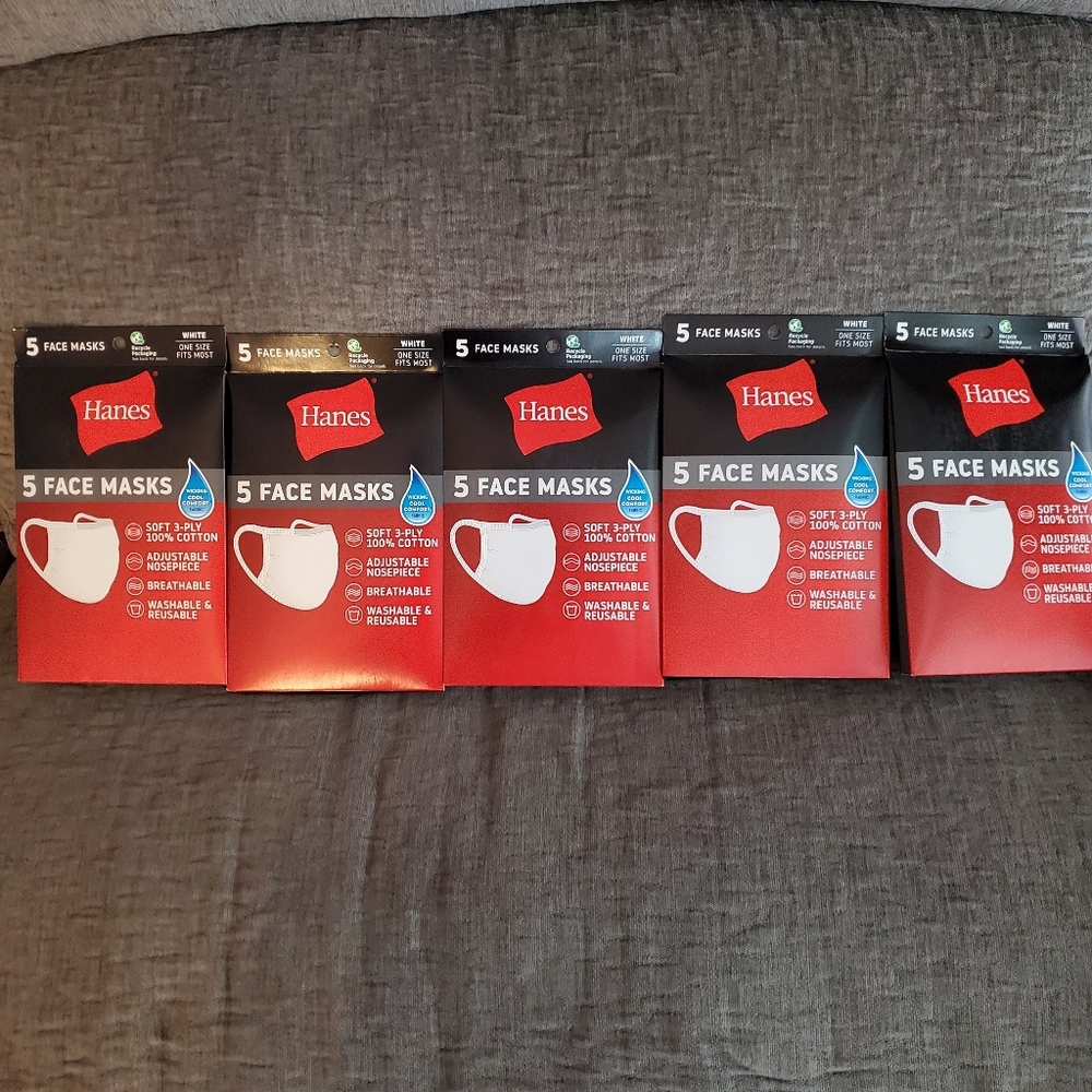 ⭐⭐⭐⭐⭐5 PACKS OF HANES 5 MASK 😷 ONE SIZE FITS MOST